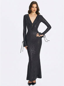 Ilysia V-Neck Plunge Snakeskin Mermaid Hem Maxi Dress | Black