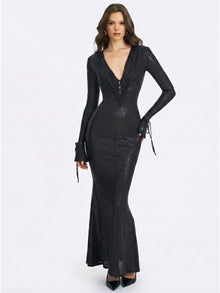 Ilysia V-Neck Plunge Snakeskin Mermaid Hem Maxi Dress | Black