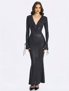 Ilysia V-Neck Plunge Snakeskin Mermaid Hem Maxi Dress | Black