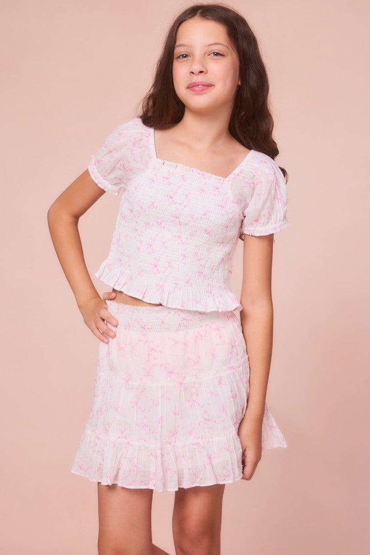 Girls Fabielle Bow Print Top | Pastry Pink