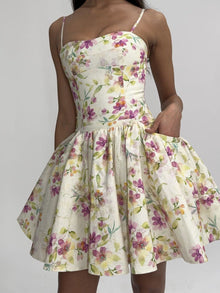 Valda Linen Mini Dress with Pockets | Yellow and Pink Print