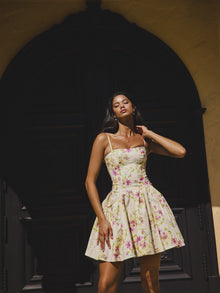 Valda Linen Mini Dress with Pockets | Yellow and Pink Print