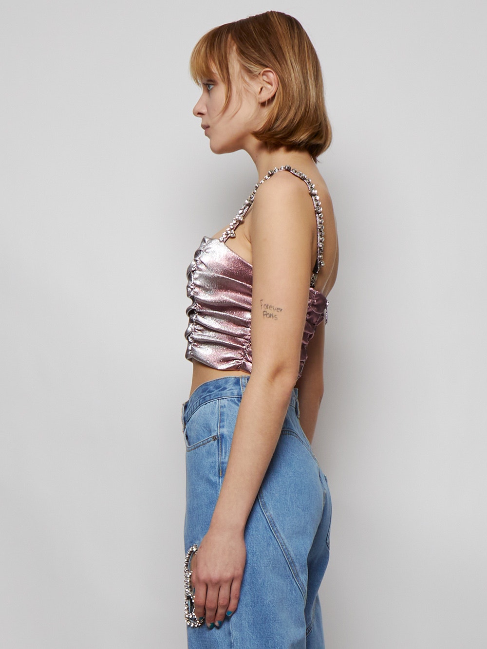 Women | AREA | Crystal Spike Ruched Top | Pink & Silver
