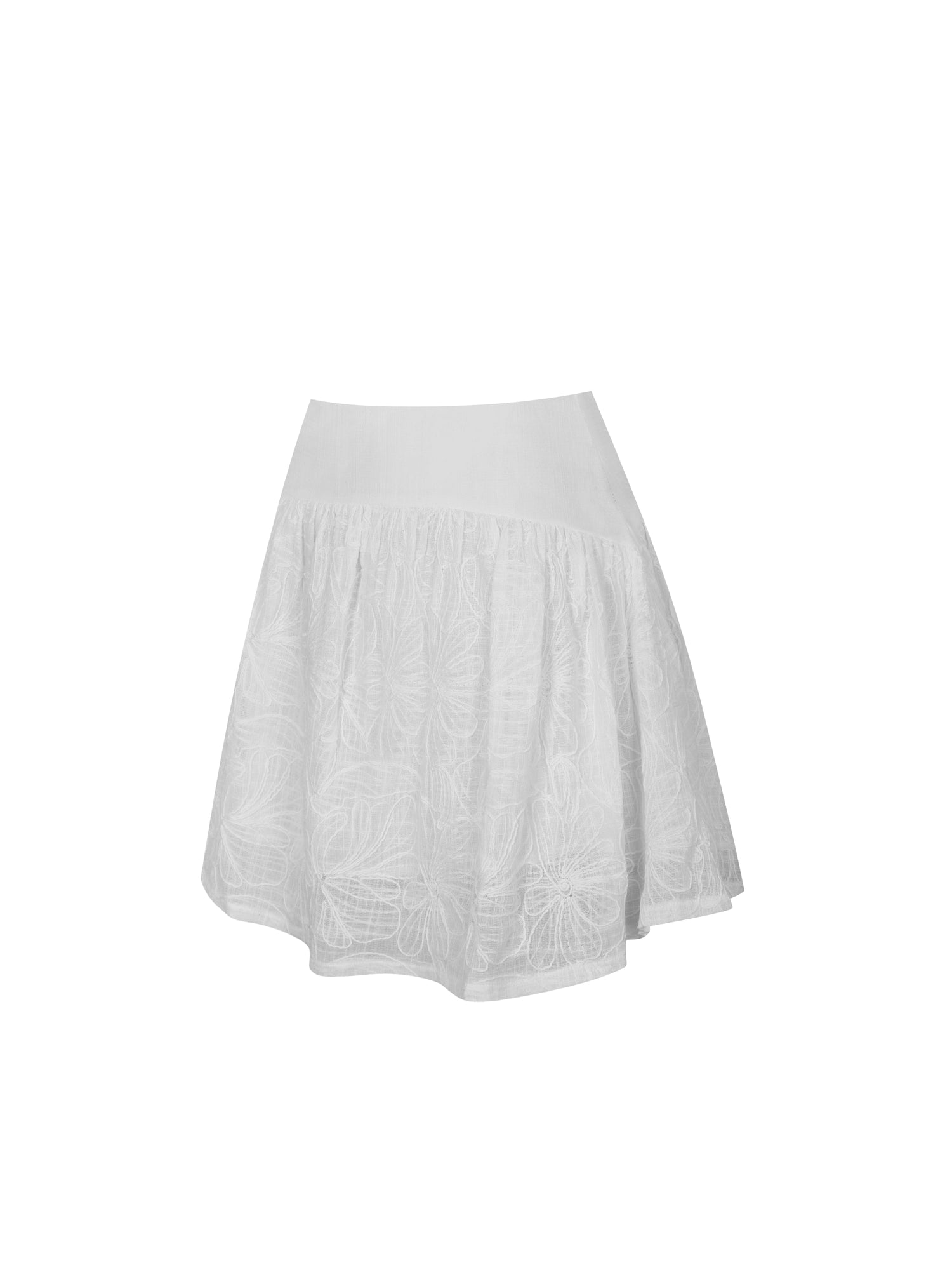 Quisha Embroidered Cotton Gauze Gathered A-Line Mini Skirt | White
