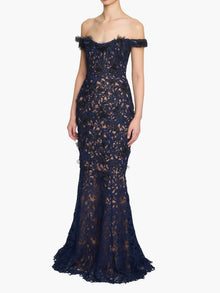 Vivarium Vines Guipure Lace Off Shoulder Gown | Black/Navy