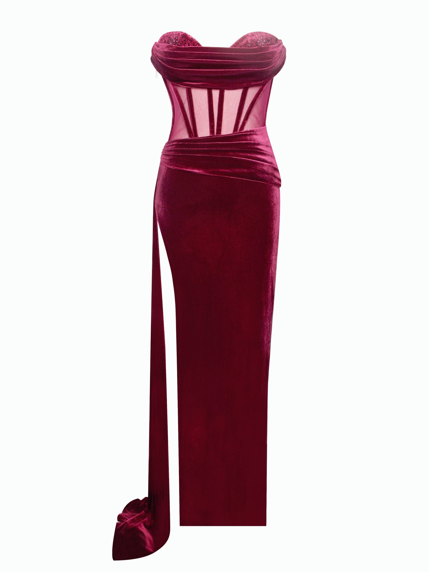 Octavia Draping Crystal Corset High Slit Velvet Gown | Burgundy