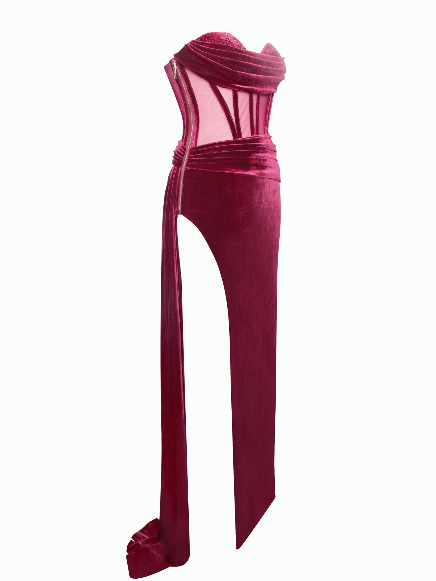 Octavia Draping Crystal Corset High Slit Velvet Gown | Burgundy