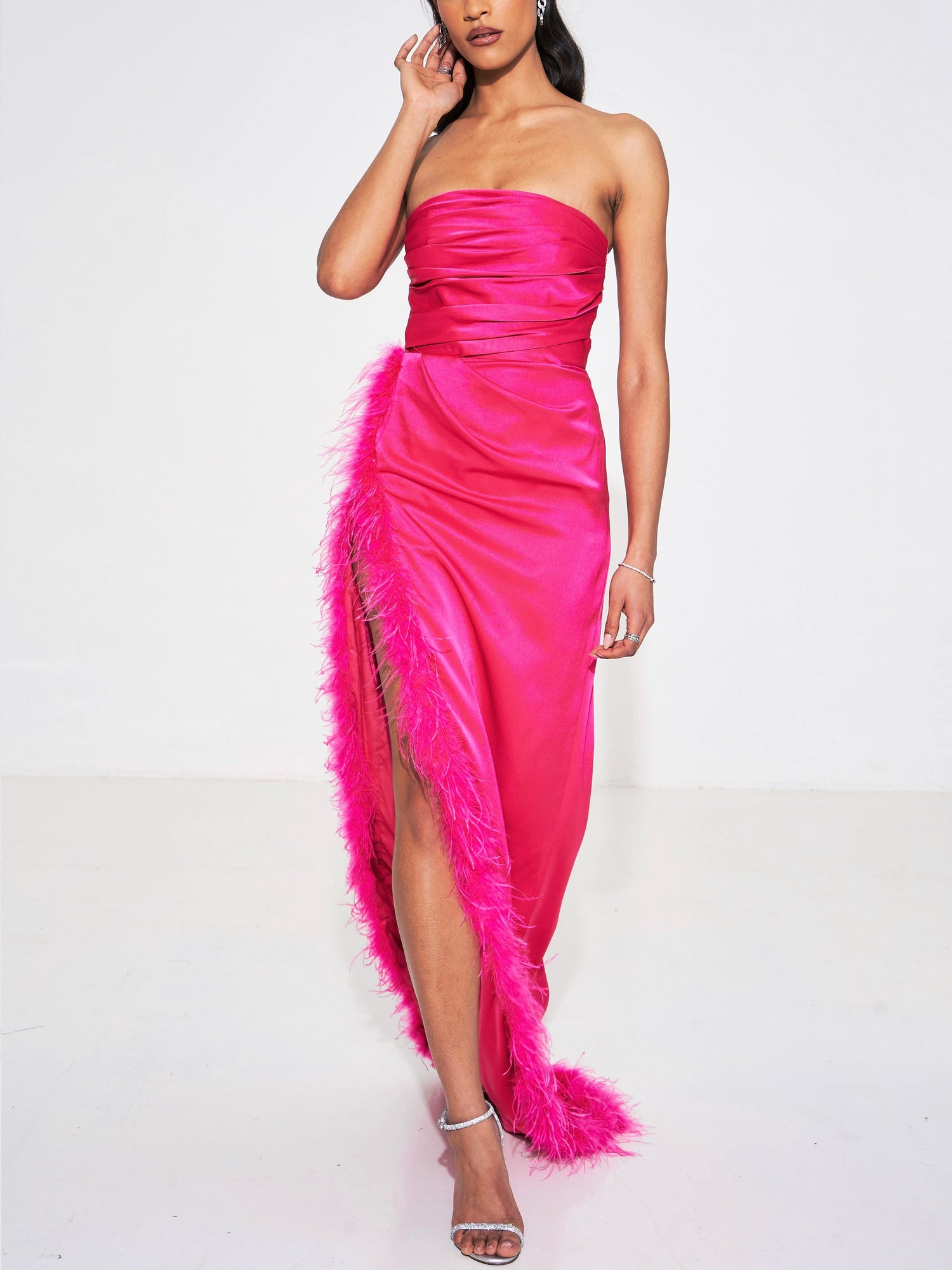 Perrin Feather Dress High Slit Gown | Fuchsia Pink