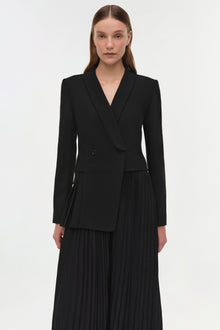 Black blazer midi dress with double-breasted button front and pleated skirt detail.