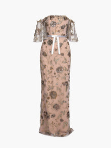 Illusion Murals Off The Shoulder Beaded Illusion Column Gown | Mixed Metals