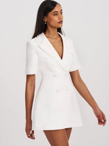 Madelina Double Breast Satin Trim Blazer Dress | White