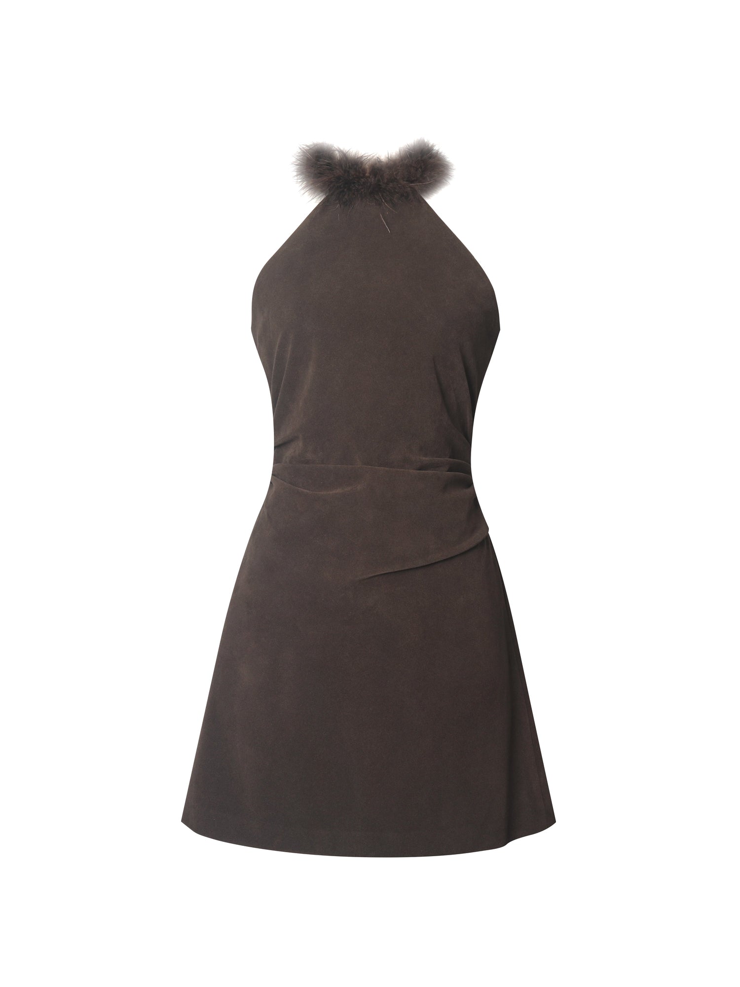 Yael Vegan Suede Faux Fur Halter Mini Dress | Espresso