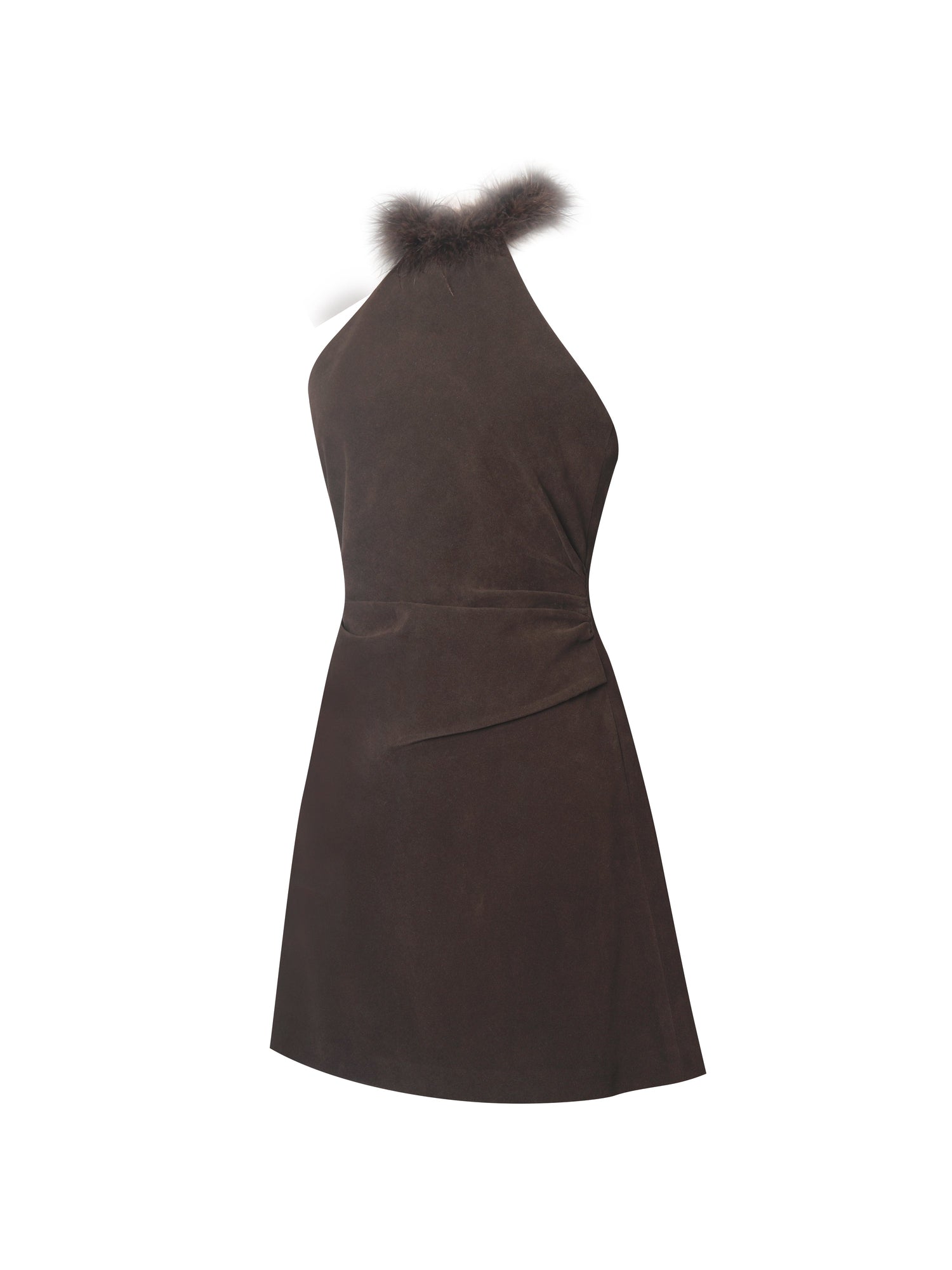 Yael Vegan Suede Faux Fur Halter Mini Dress | Espresso