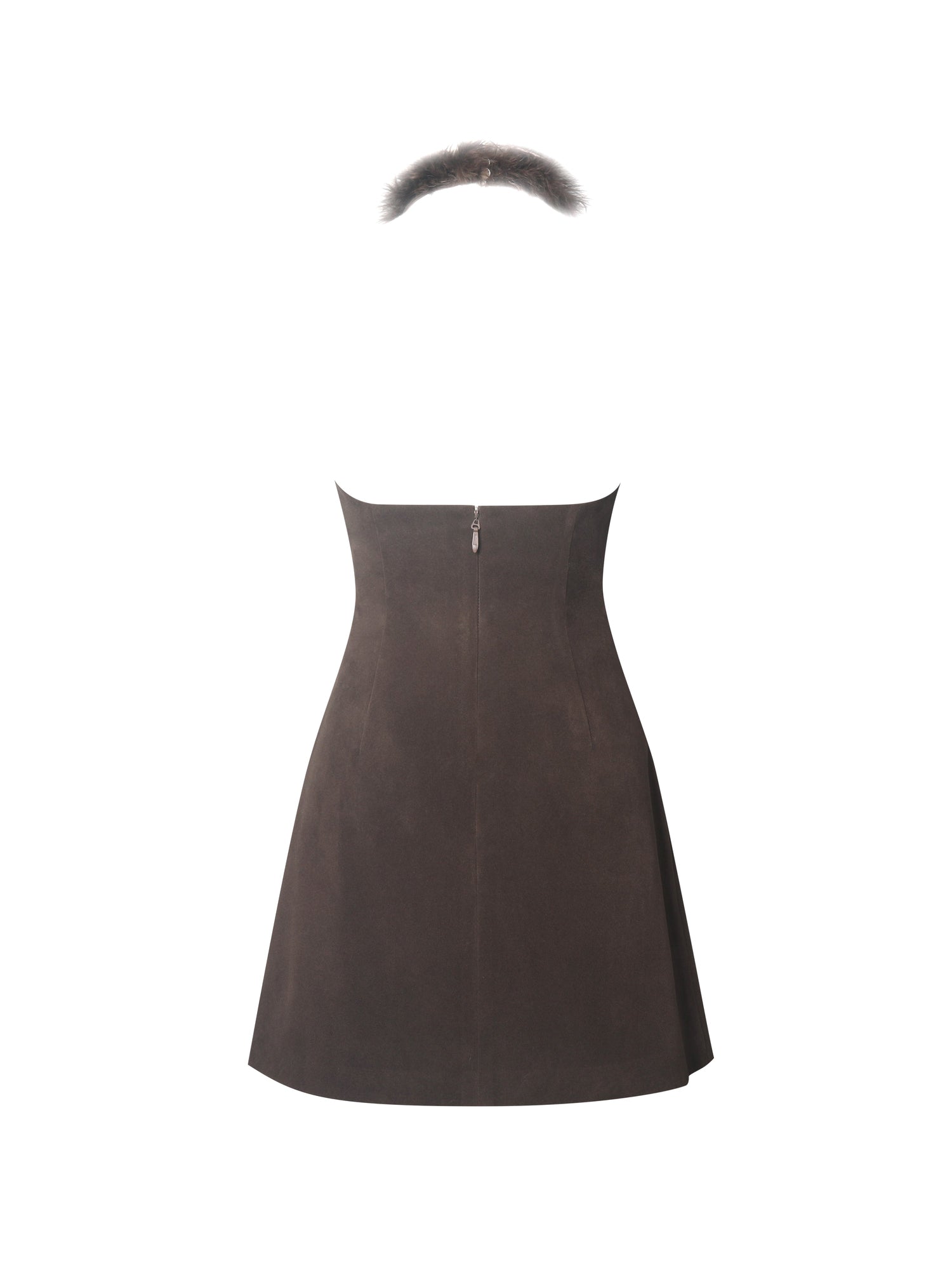 Yael Vegan Suede Faux Fur Halter Mini Dress | Espresso