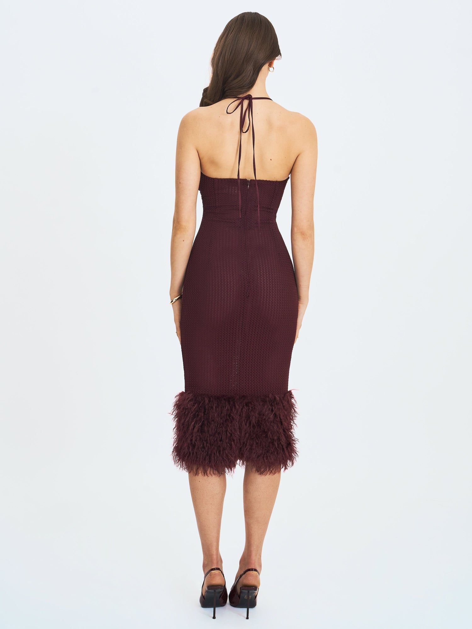 Pluma Halter Faux-Fur Trimmed Midi Dress | Maroon