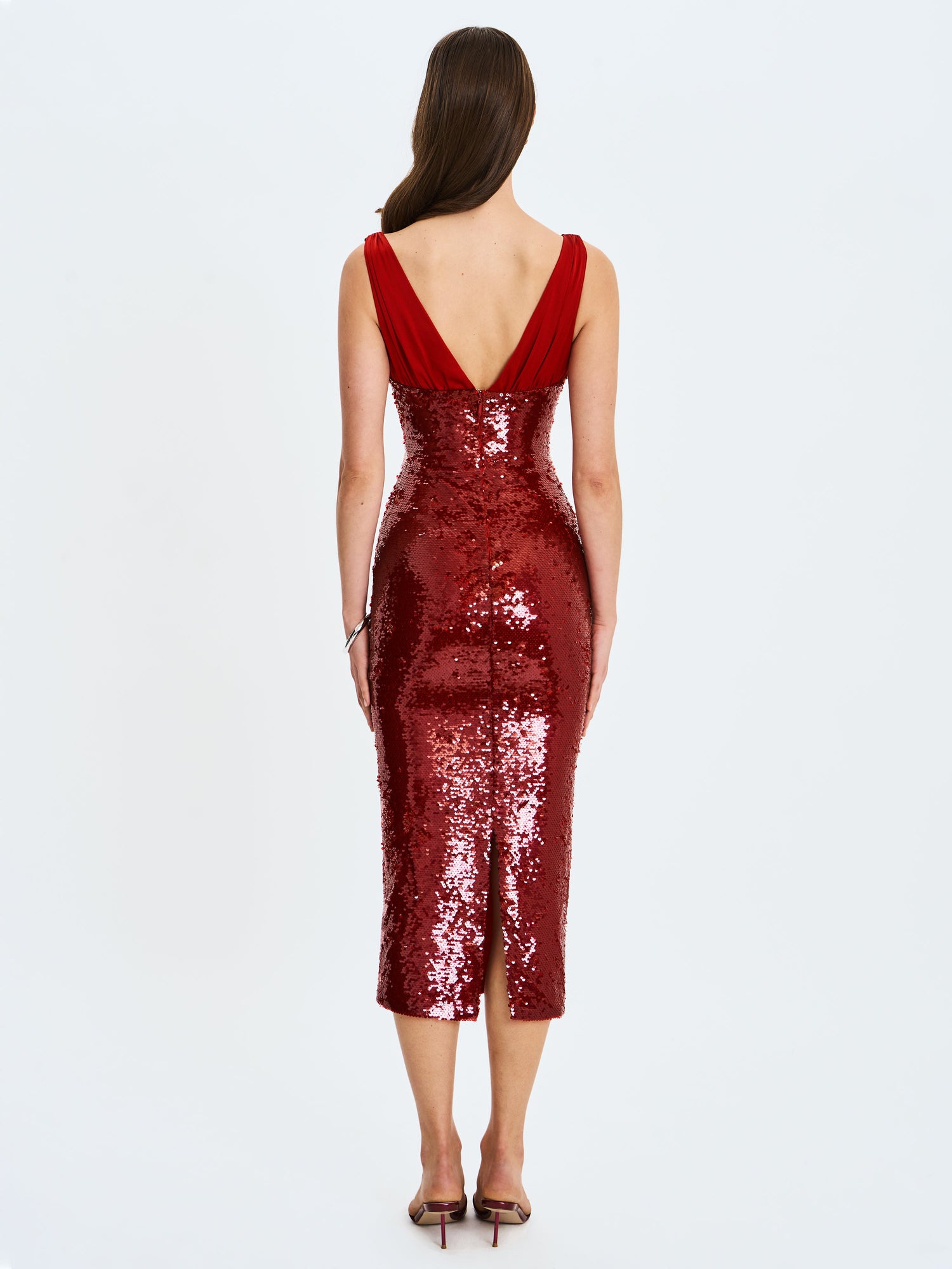 Shanelle Sequin Plunging Midi Dress | Crimson
