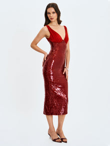 Shanelle Sequin Plunging Midi Dress | Crimson