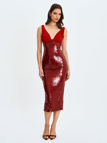 Shanelle Sequin Plunging Midi Dress | Crimson