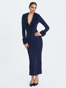 Romina Plunging Fur Trimmed Crochet Maxi Dress | Navy