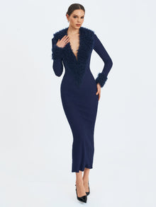 Romina Plunging Fur Trimmed Crochet Maxi Dress | Navy