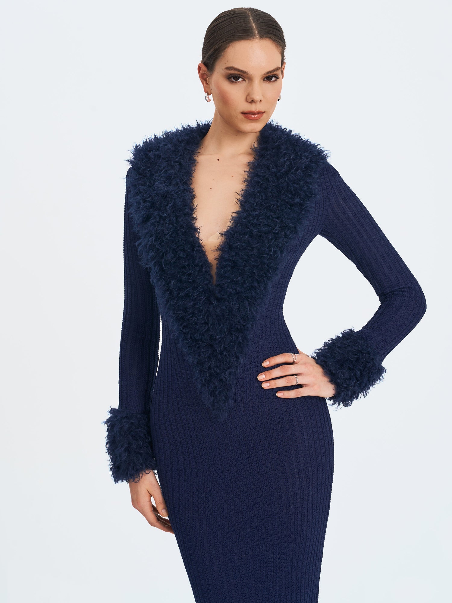 Romina Plunging Fur Trimmed Crochet Maxi Dress | Navy