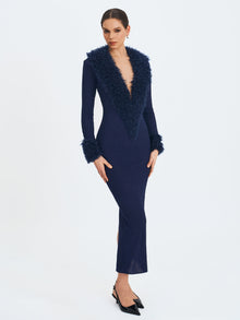 Romina Plunging Fur Trimmed Crochet Maxi Dress | Navy