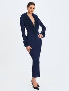 Romina Plunging Fur Trimmed Crochet Maxi Dress | Navy