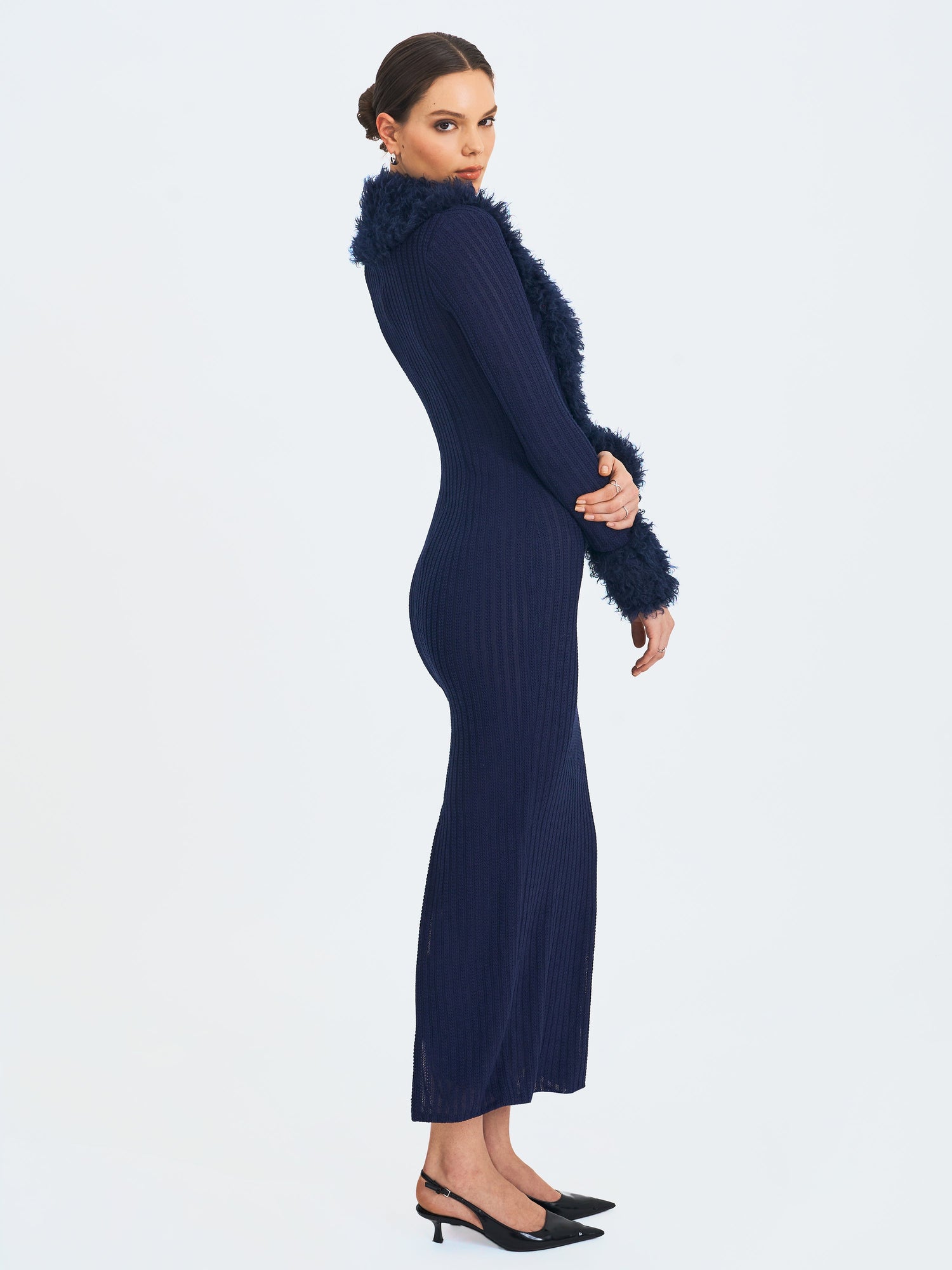 Romina Plunging Fur Trimmed Crochet Maxi Dress | Navy
