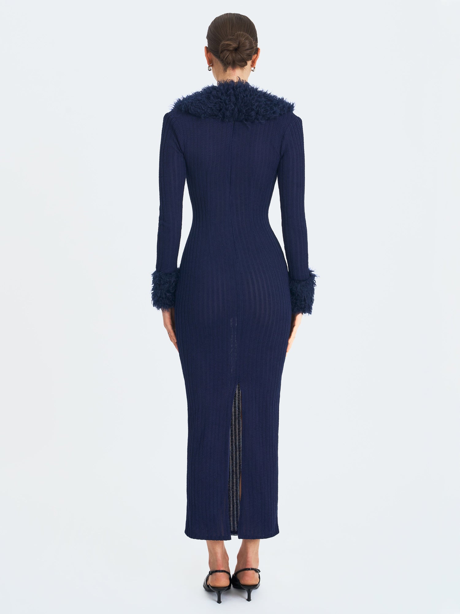 Romina Plunging Fur Trimmed Crochet Maxi Dress | Navy