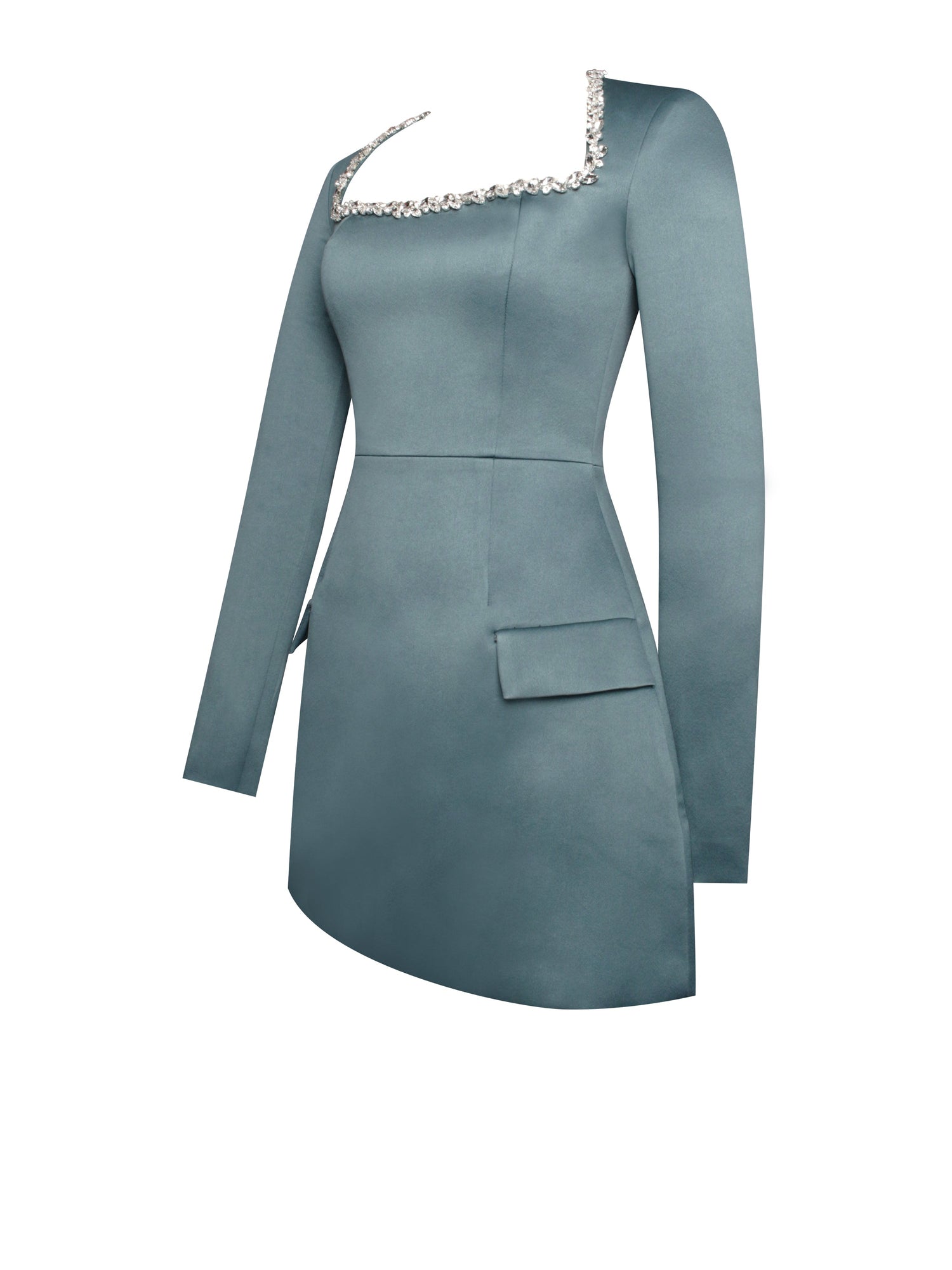 Gabella Long Sleeve A-line Mini Dress with Crystal Trim | Dark Green