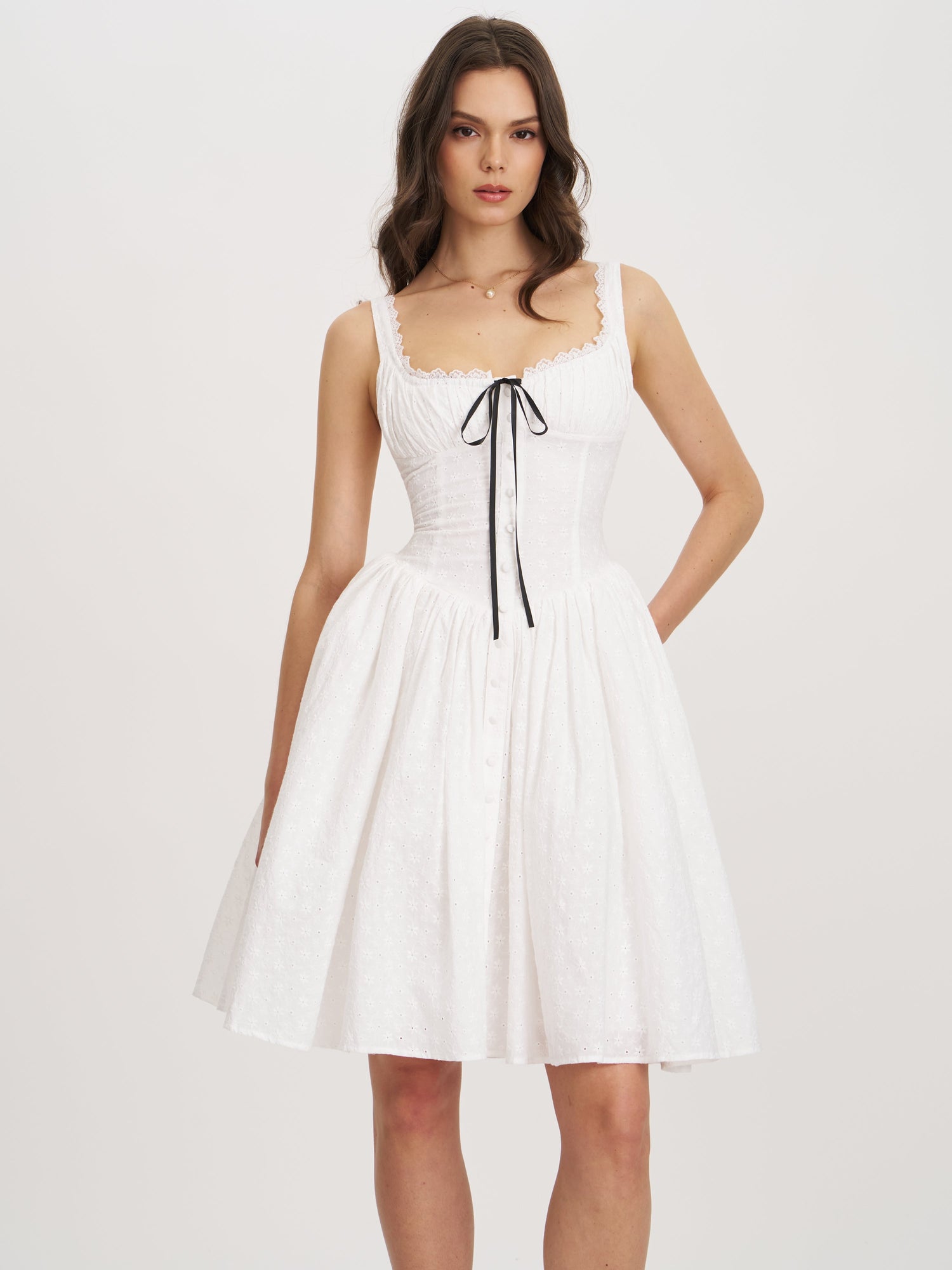 Madison Cotton Eyelet Square Neck Midi Dress | White
