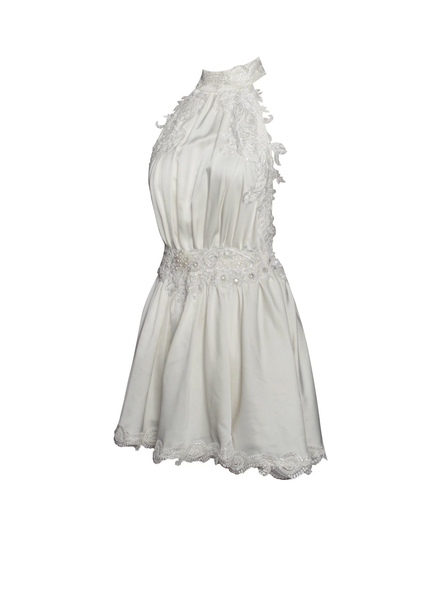 Idalia Beaded Lace Trim Backless Halter Mini Dress | Pearl White