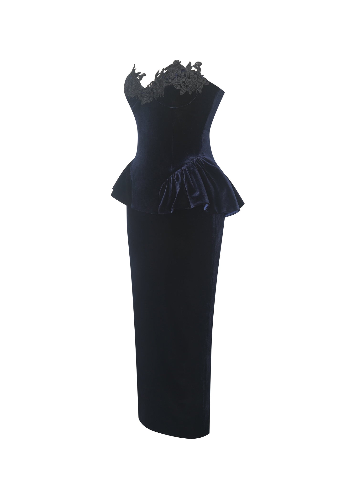 Pascha Lace Applique Strapless Peplum Midi Dress | Black
