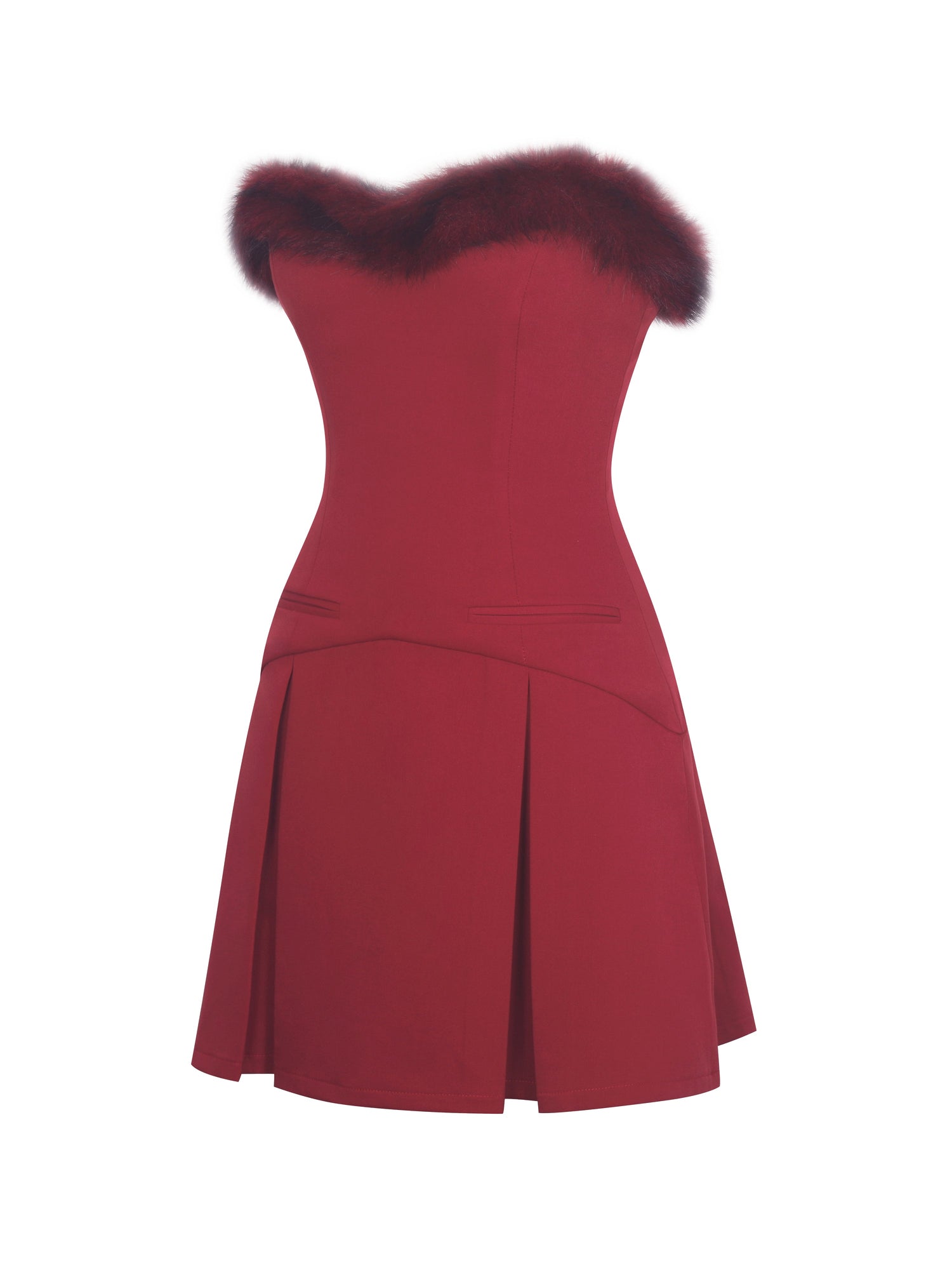 Nalia Fur Trimmed Sweetheart Mini Dress | Crimson
