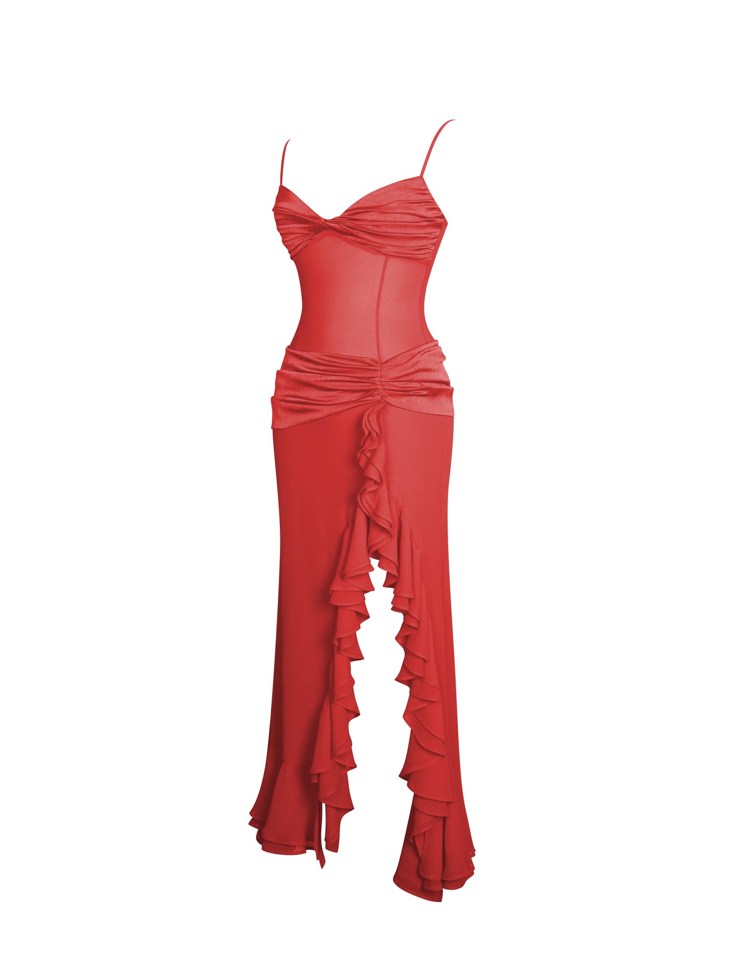 Dahlina Ruched Waist High Slit Midi Dress | Red