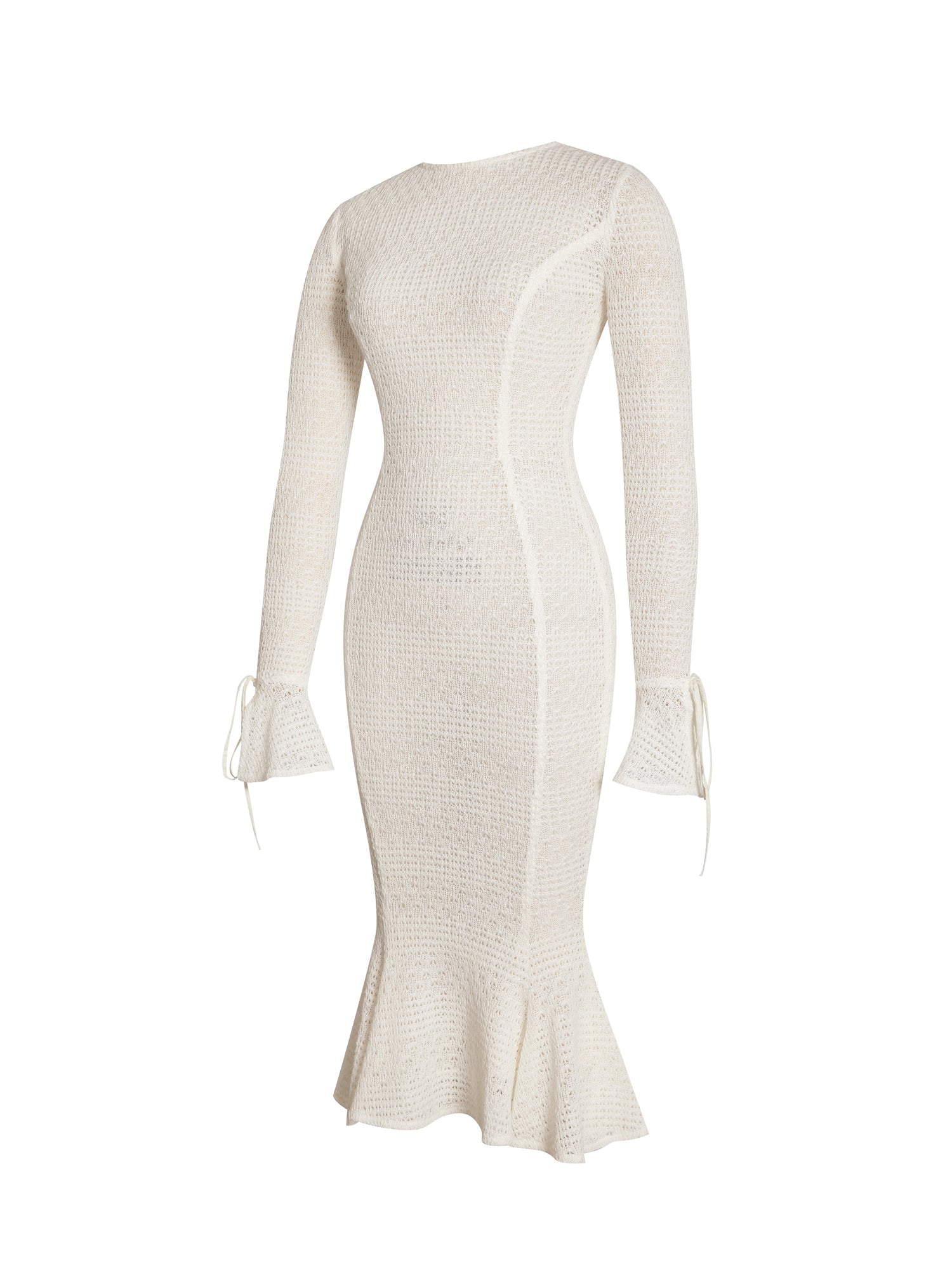 Pamina Crochet Long Sleeve Midi Flare Mermaid Dress | Beige