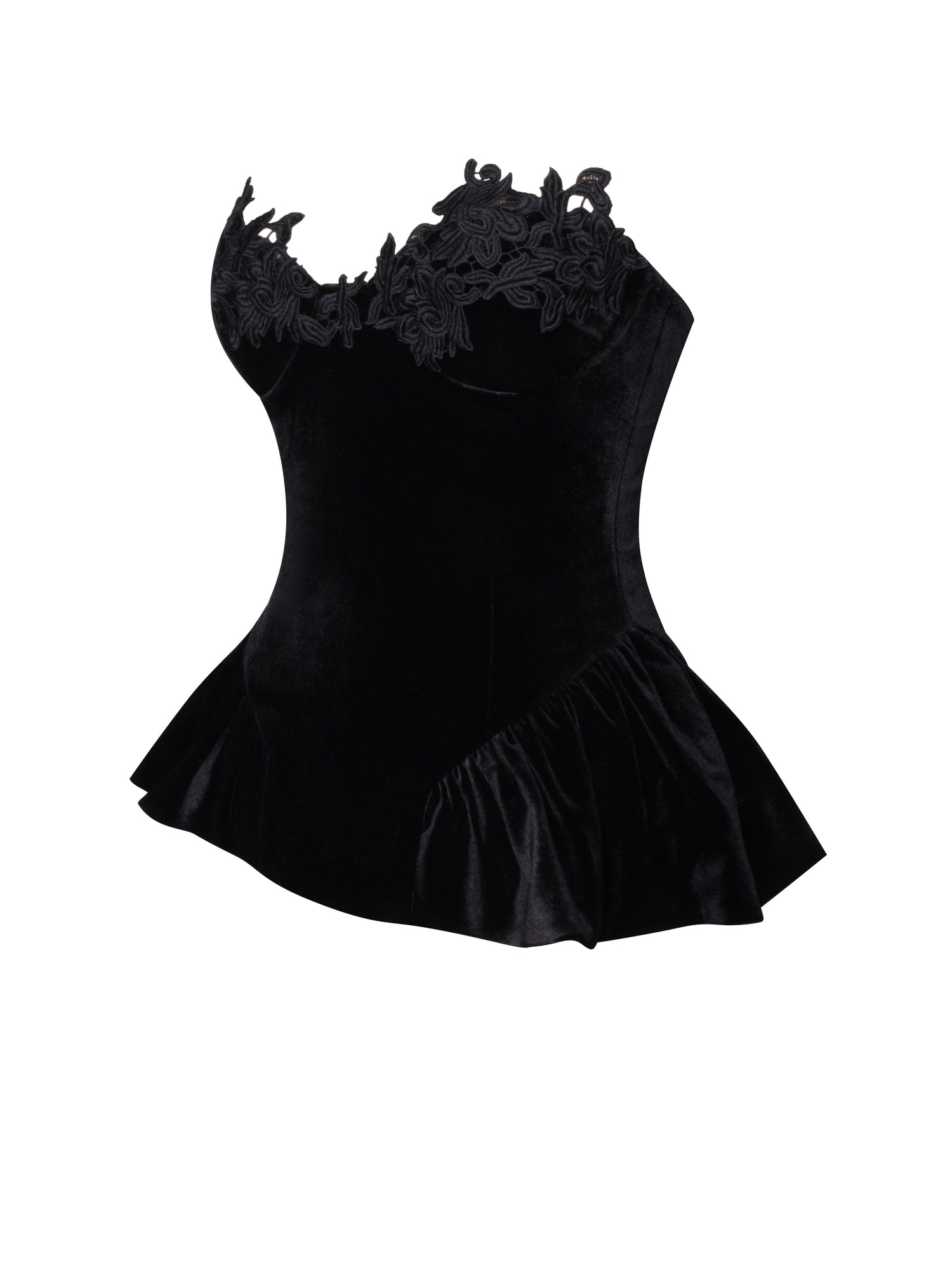 Qiara Velvet Peplum Top with Lace Trim | Black