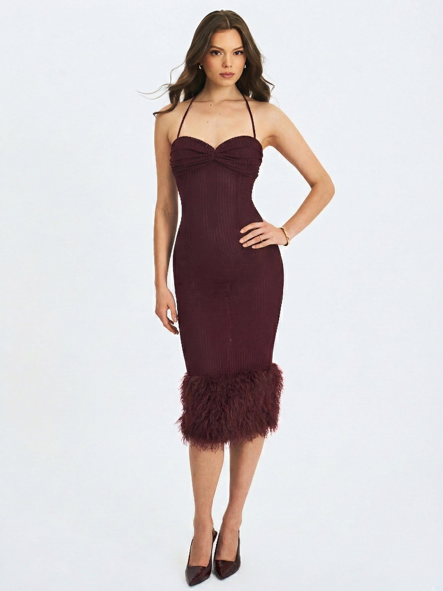 Pluma Halter Faux-Fur Trimmed Midi Dress | Maroon