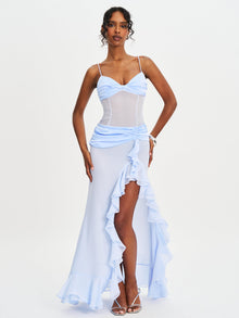 Lacy Ruched Breast High Slit Chiffon Dress | Blue