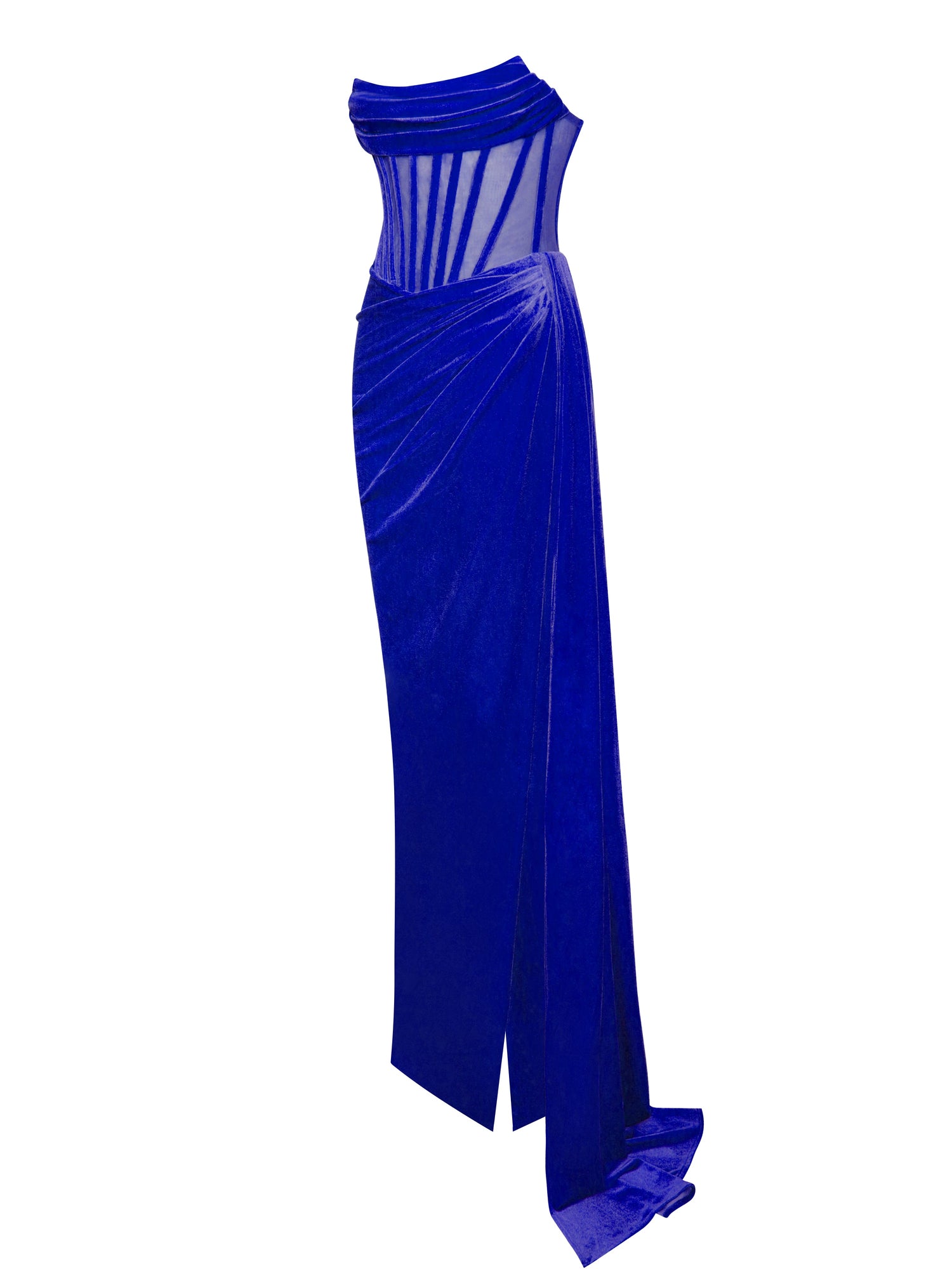 Priya Draping Corset High Slit Velvet Gown | Royal Blue