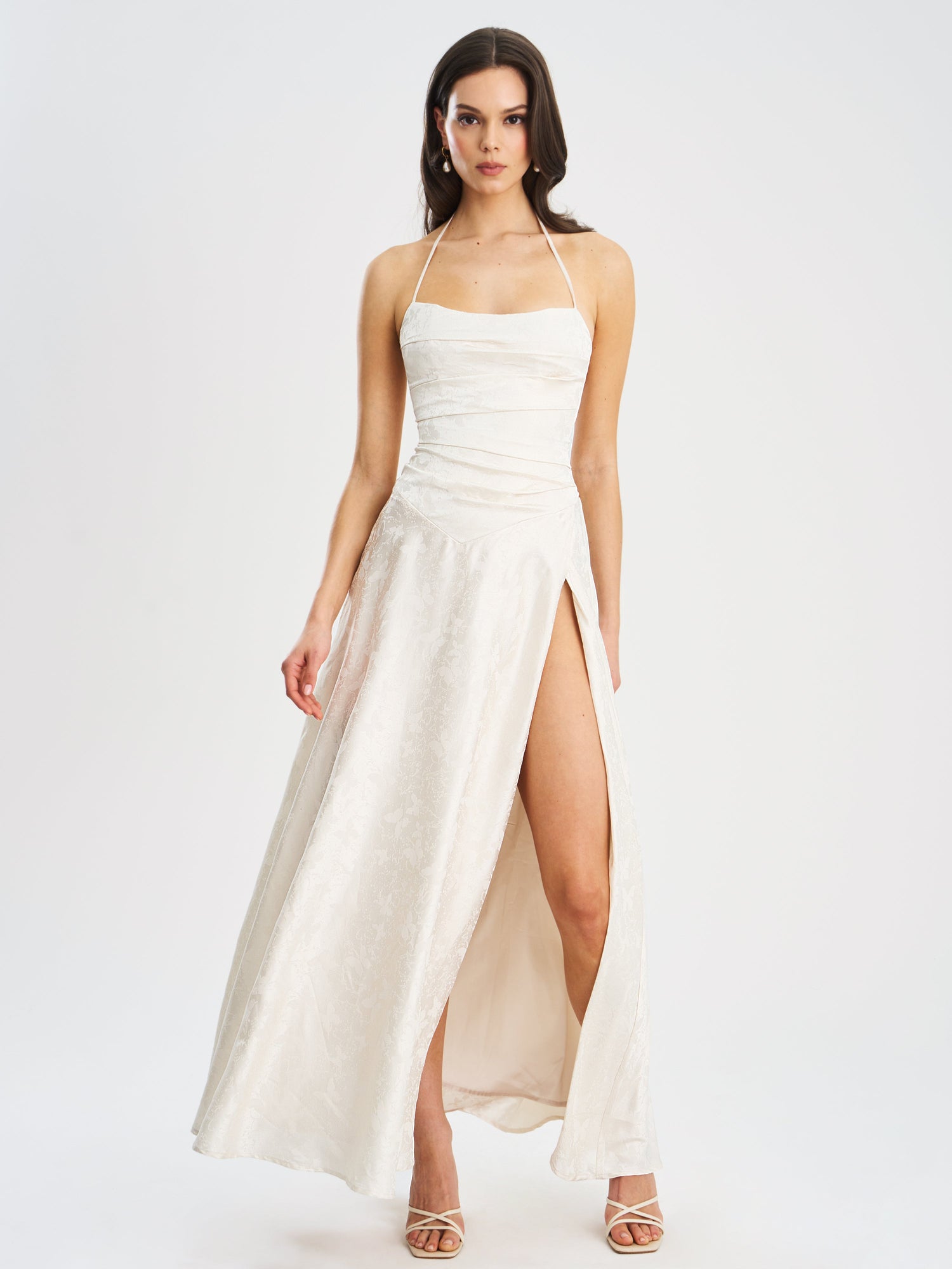 Raegan Jacquard Ruched Maxi Dress | Pearl White
