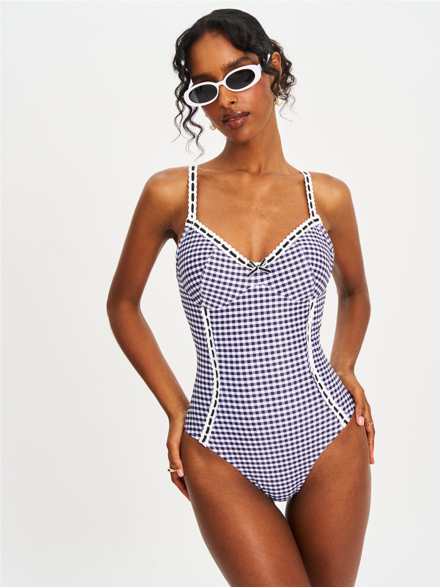 Gigi Lace Strap Backless Swimsuit | Black Gingham