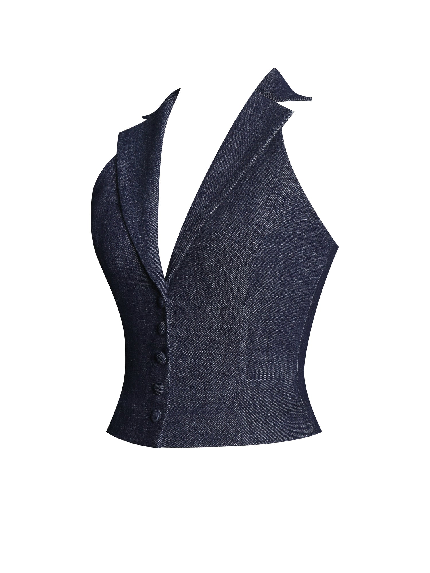 Rafaella Cotton Denim Halter Lapel Top | Navy