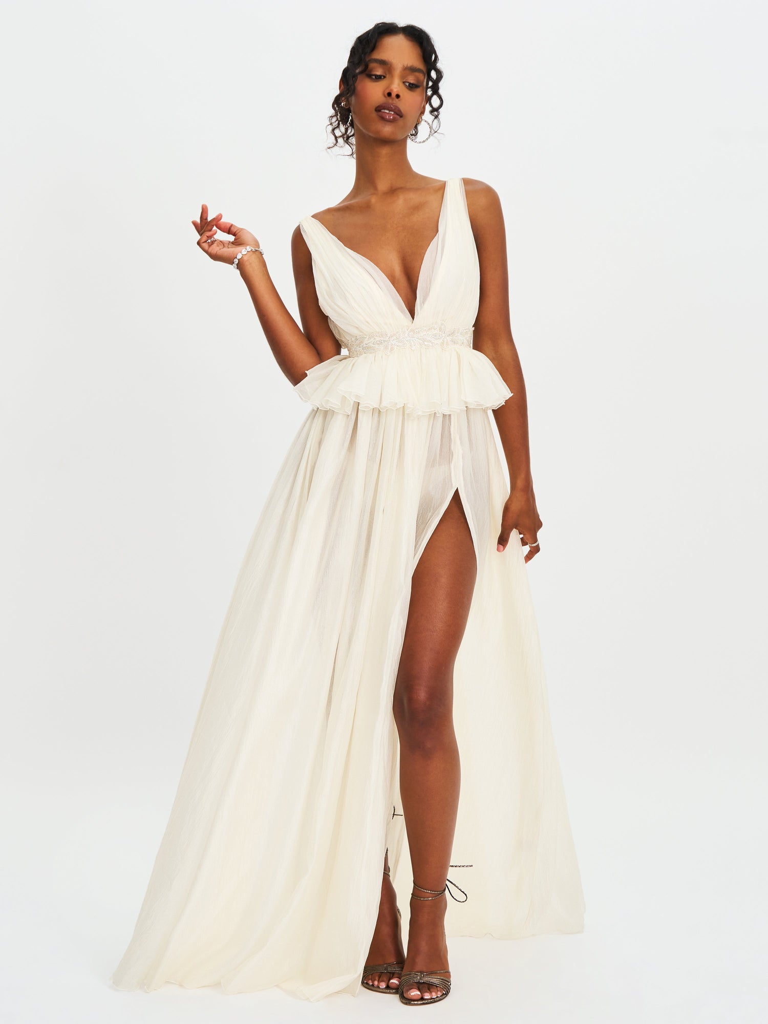 Calleigh Flare Beaded Belt Maxi Gown | Off White
