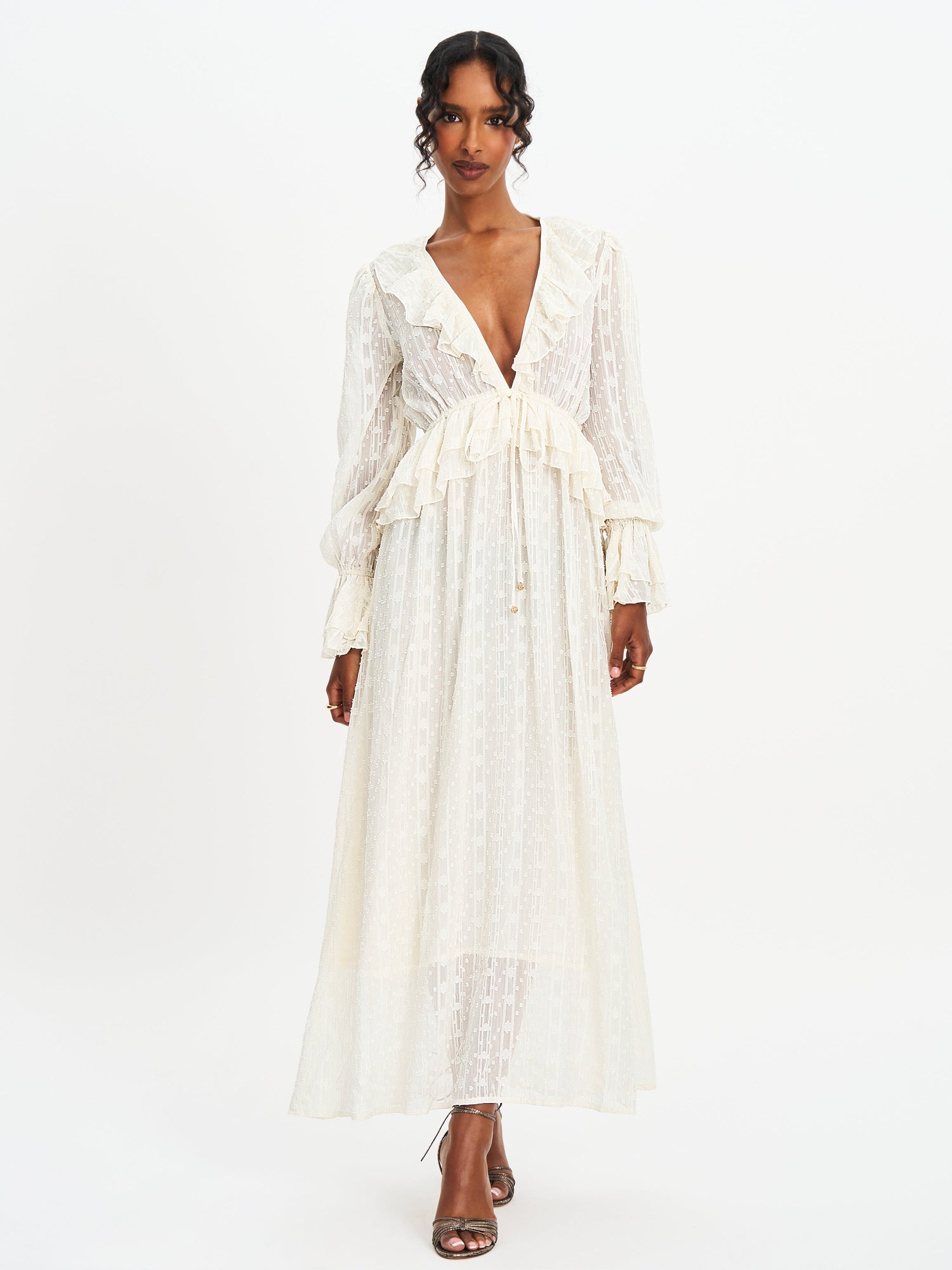 Safiya Jacquard Chiffon Long Sleeve Maxi Dress | White