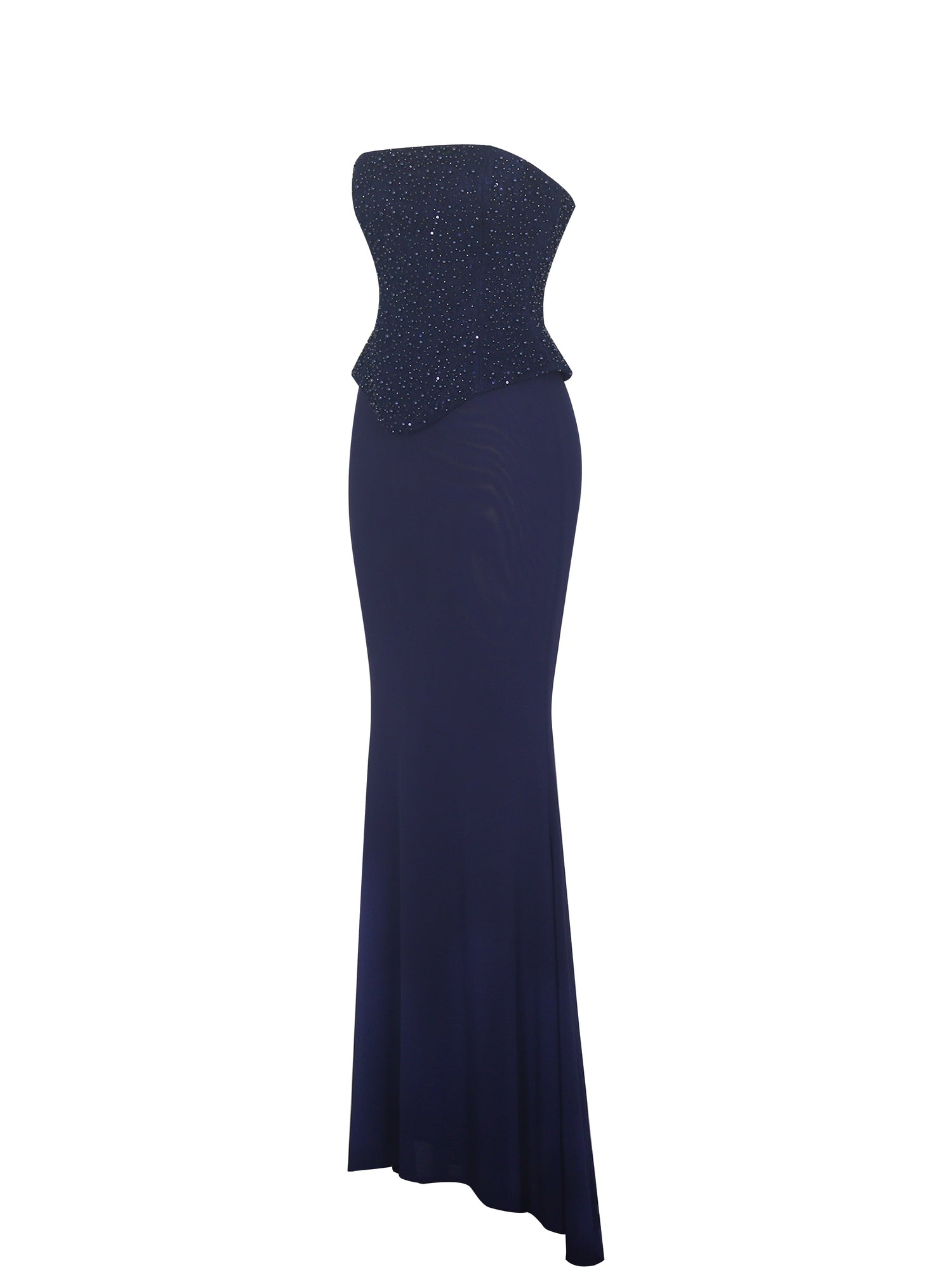 Orabelle Beaded Peplum Mermaid Maxi Gown with Lace-up Back | Navy