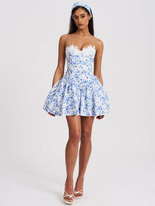Taleah Floral Print Linen Mini Dress with Lace Trim | Blue
