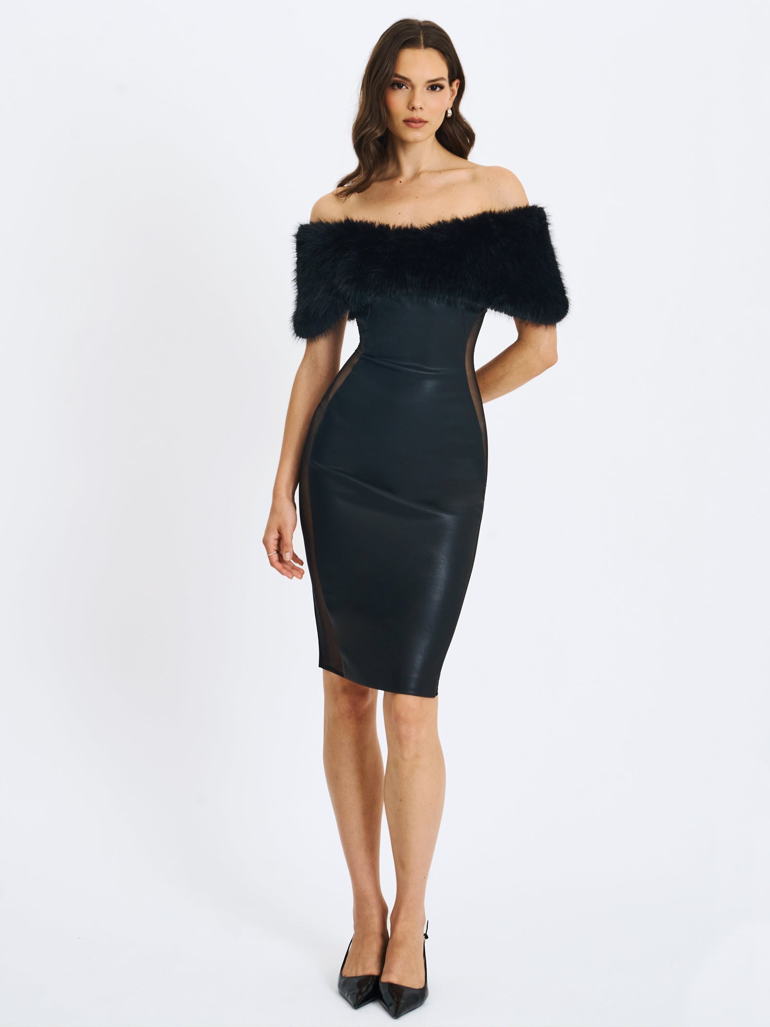 Bellis Fur Trim Mesh Panel Off-Shoulder Midi Dress | Black
