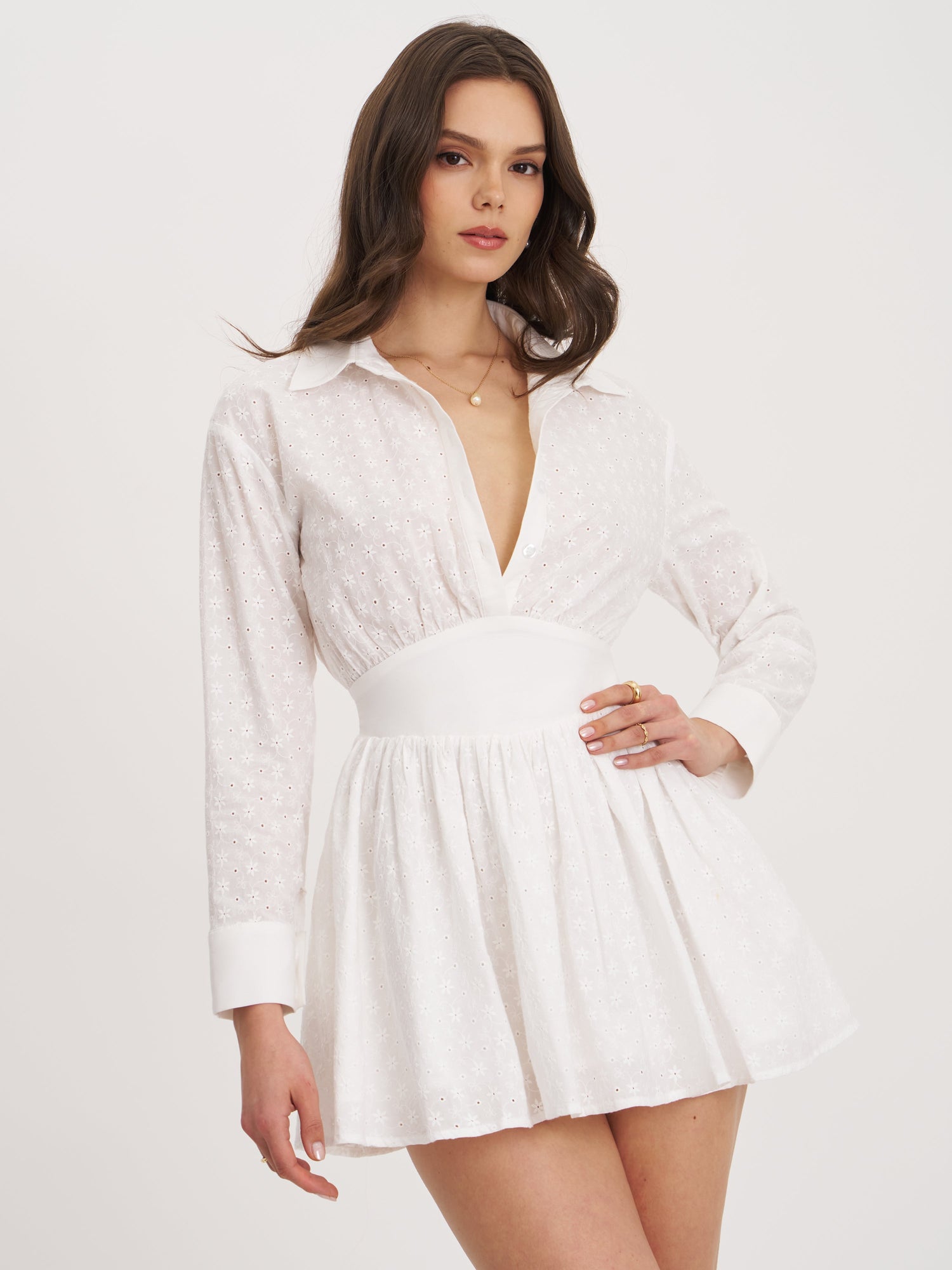 Gabriella Cotton Eyelet Button Up Long Sleeve Shirt Dress | White