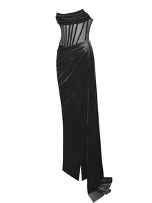 Priya Draping Corset High Slit Velvet Gown | Black